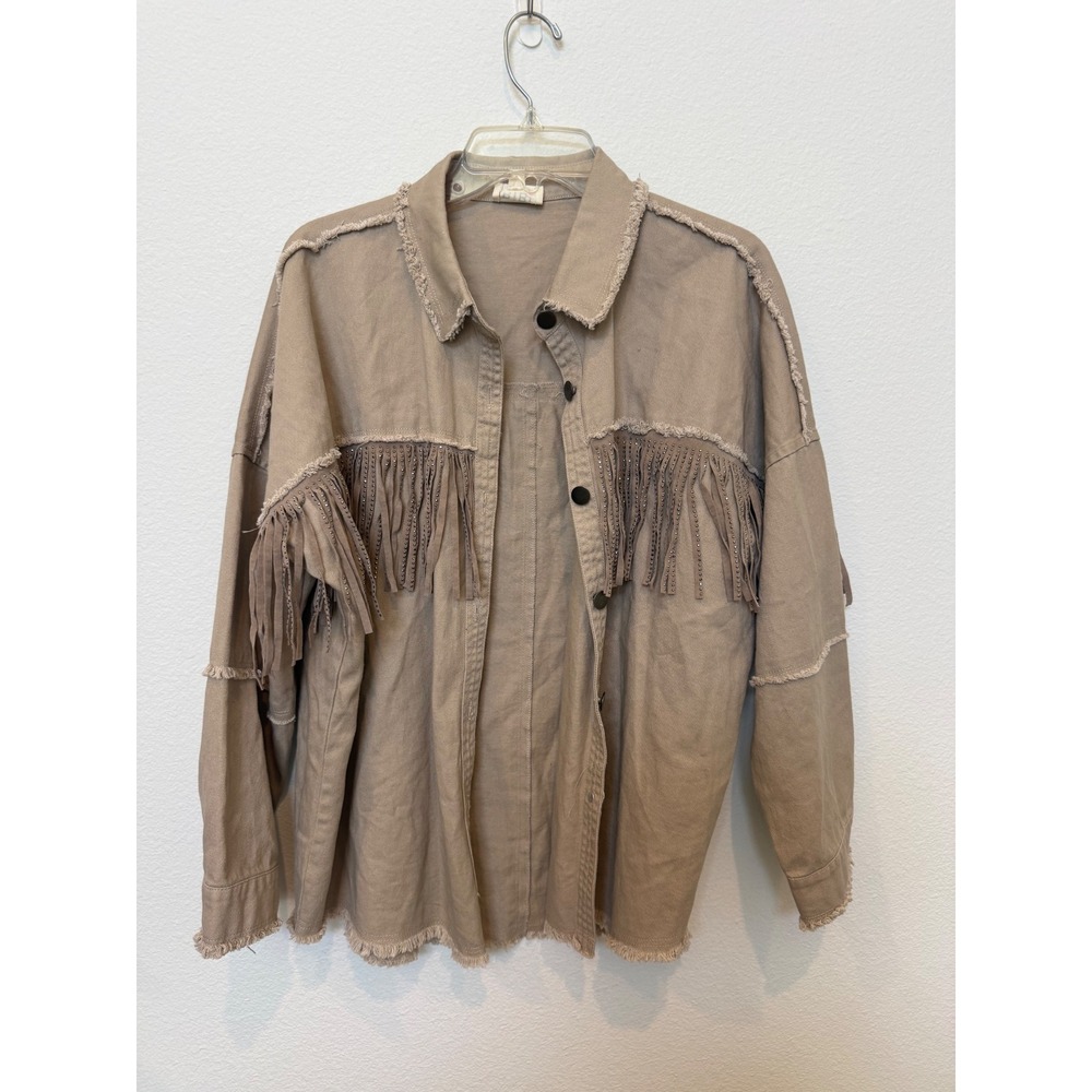 BIBI Tan Cotton Denim Fringe Shacket Rhinestone Western Frayed Jacket Small